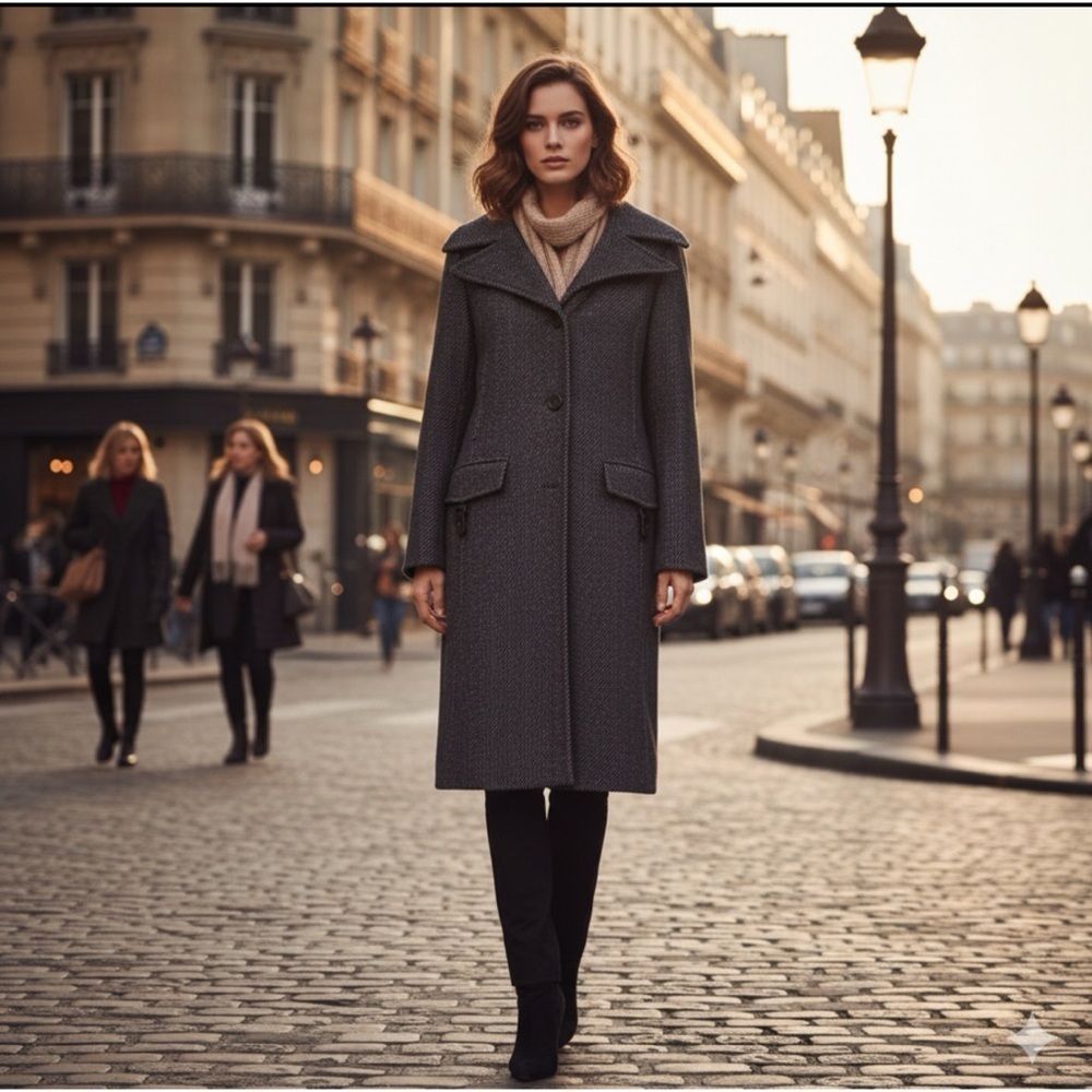 Cinzia Rocca Due Black Tweed Baby Alpaca Wool Blend Coat w/ Leather Detail Sz 6